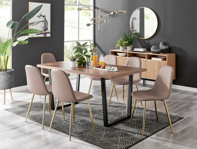 FurnitureboxUK Kylo Large Brown Wood Effect Dining Table & 6 Corona Gold Leg Faux Leather Chairs in Beige - image 1