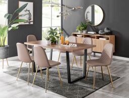 FurnitureboxUK Kylo Large Brown Wood Effect Dining Table & 6 Corona Gold Leg Faux Leather Chairs in Beige