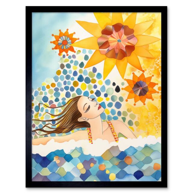 "Artery8 Wall Art Print Abstract Sea Swimming Folk Art Bathroom Art Framed in Black - Size: W12"" x H16""" - image 1