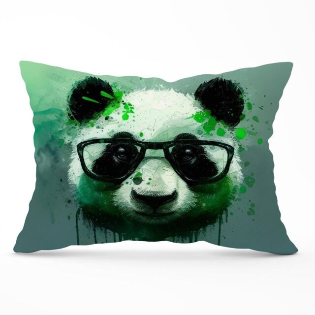 Warren Reed - Designer Panda With Glasses, Green Splashart Cushions - Size: 60 cm x 60 cm - image 1