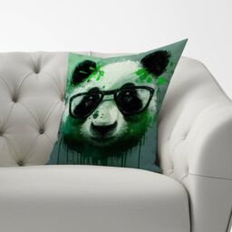 Warren Reed - Designer Panda With Glasses, Green Splashart Cushions - Size: 60 cm x 60 cm - thumbnail 2