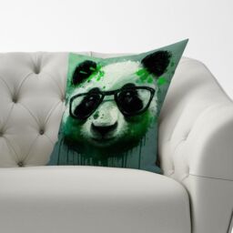 Warren Reed - Designer Panda With Glasses, Green Splashart Cushions - Size: 60 cm x 60 cm - thumbnail 3