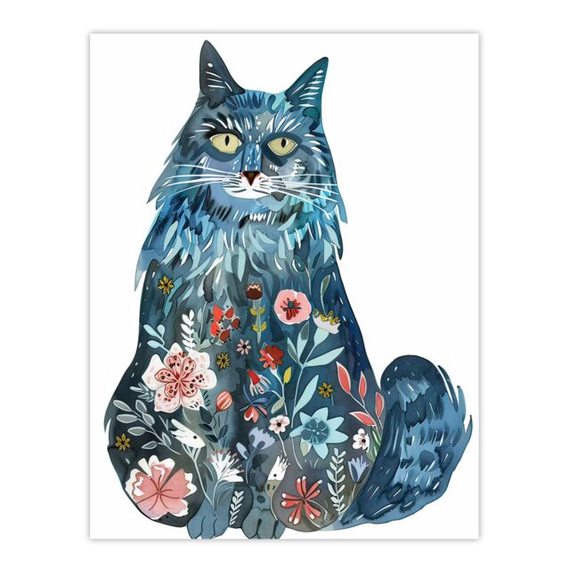 "Artery8 Cat Lover Blue Maine Coon with Flower Pattern Fur Wall Art Print - Size: W18"" x H24""" - image 1