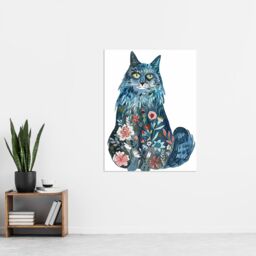 "Artery8 Cat Lover Blue Maine Coon with Flower Pattern Fur Wall Art Print - Size: W18"" x H24""" - thumbnail 4