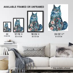 "Artery8 Cat Lover Blue Maine Coon with Flower Pattern Fur Wall Art Print - Size: W18"" x H24""" - thumbnail 3
