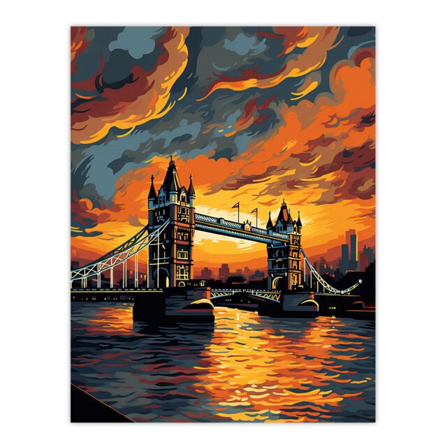 Artery8 Tower Bridge & The Thames River Storm Clouds Orange & Grey London England Large Wall Unframed Art Poster Print Thick Paper 18X24 Inch - image 1