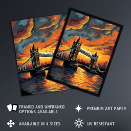 Artery8 Tower Bridge & The Thames River Storm Clouds Orange & Grey London England Large Wall Unframed Art Poster Print Thick Paper 18X24 Inch - thumbnail 2