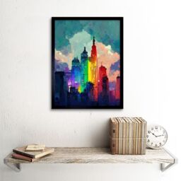 "Artery8 Wall Art Print Rainbow Skyscrapers Skyline Cityscape Abstract Multicoloured Painting Art Framed in Black - Size: W12"" x H16""" - thumbnail 2