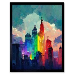 "Artery8 Wall Art Print Rainbow Skyscrapers Skyline Cityscape Abstract Multicoloured Painting Art Framed in Black - Size: W12"" x H16""" - thumbnail 1