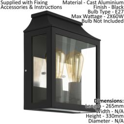 Loops IP44 Outdoor Wall Light Black Aluminium Glass Box 2x 60W E27 Bulb Porch Lamp - thumbnail 2