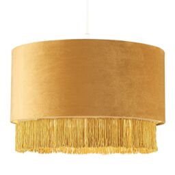 Happy Homewares Modern Velvet Drum Pendant Shade with Tassels & Embroidered Trim in Mustard - Size: 14 inches - thumbnail 2