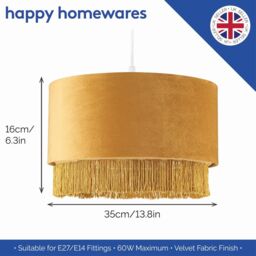 Happy Homewares Modern Velvet Drum Pendant Shade with Tassels & Embroidered Trim in Mustard - Size: 14 inches - thumbnail 6