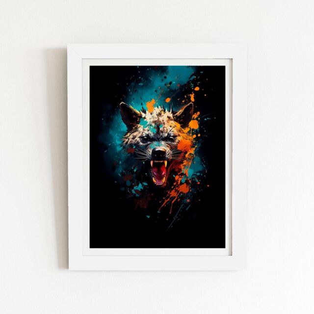 "Warren Reed - Designer Splashart Angry Hyena Face Framed Art Print in White - Size: W12"" x H16""" - image 1