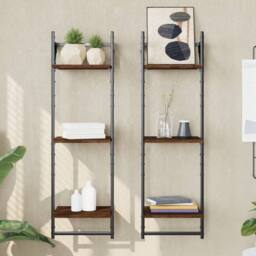 Berkfield Home 3-Tier Wall Shelves with Bars 2 pcs Brown Oak 30x25x100 cm - Size: 30 x 25 x 100 cm - thumbnail 2