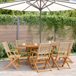 Berkfield Home Folding Garden Chairs 6 pcs Beige Poly Rattan & Solid Wood - thumbnail 1
