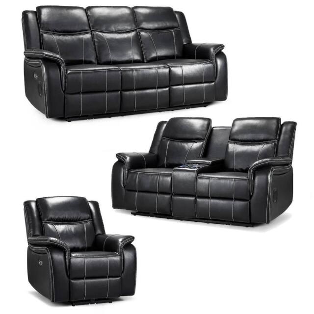 Furnishings For Less UK Orlando Black Leather 3 Piece Electric Reclining Sofas 3 + 2 + 1 - image 1