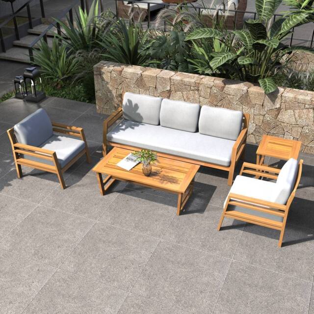 Direct Wicker Garden Furniture Set, Acacia Wood Outdoor Three-seater Sofa Set in Brown - Size: 5 Pack - image 1