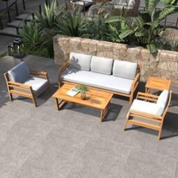 Direct Wicker Garden Furniture Set, Acacia Wood Outdoor Three-seater Sofa Set in Brown - Size: 5 Pack - thumbnail 1