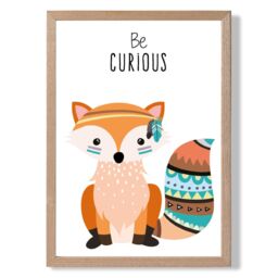 ARTZE Be Curious Fox Tribal Animal Quote Framed Print SIZE: A3 with Oak Frame in Orange - Size: A2 - thumbnail 1