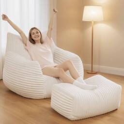 Direct Wicker Bean Bag Chair with Footrest, Soft Comfy Velvet Fur Fabric Lazy Sofa in White - Size: 1 Pack - thumbnail 1