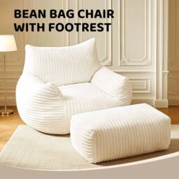 Direct Wicker Bean Bag Chair with Footrest, Soft Comfy Velvet Fur Fabric Lazy Sofa in White - Size: 1 Pack - thumbnail 7