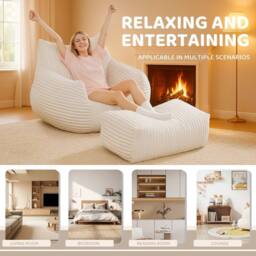 Direct Wicker Bean Bag Chair with Footrest, Soft Comfy Velvet Fur Fabric Lazy Sofa in White - Size: 1 Pack - thumbnail 5