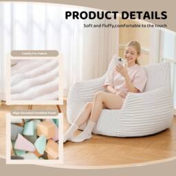 Direct Wicker Bean Bag Chair with Footrest, Soft Comfy Velvet Fur Fabric Lazy Sofa in White - Size: 1 Pack - thumbnail 3