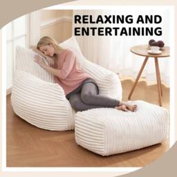 Direct Wicker Bean Bag Chair with Footrest, Soft Comfy Velvet Fur Fabric Lazy Sofa in White - Size: 1 Pack - thumbnail 4