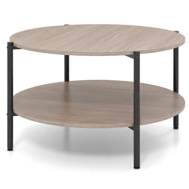 Costway 2-Tier Round Coffee Table Industrial Cocktail Table w/Storage Shelf in Grey - image 1