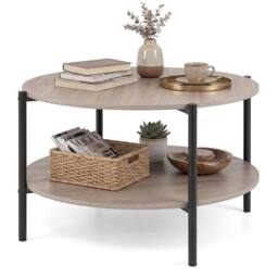 Costway 2-Tier Round Coffee Table Industrial Cocktail Table w/Storage Shelf in Grey - thumbnail 2