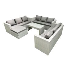 Fimous Rattan Garden Outdoor Furniture Set 10 Seater Garden Sofa Oblong Coffee Table Set with Big Footstool Light Grey Mixed - thumbnail 2