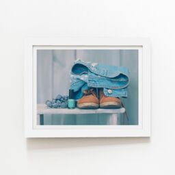 "Warren Reed - Designer Shoes On The Bench Framed Art Print in White - Size: W20"" x H30""" - thumbnail 1