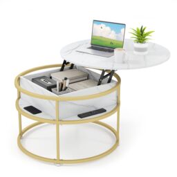 Costway Lift Top Coffee Table 80cm Round Center Table with Side Shelves in White - thumbnail 1