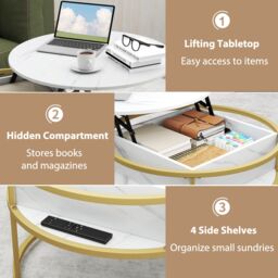 Costway Lift Top Coffee Table 80cm Round Center Table with Side Shelves in White - thumbnail 7