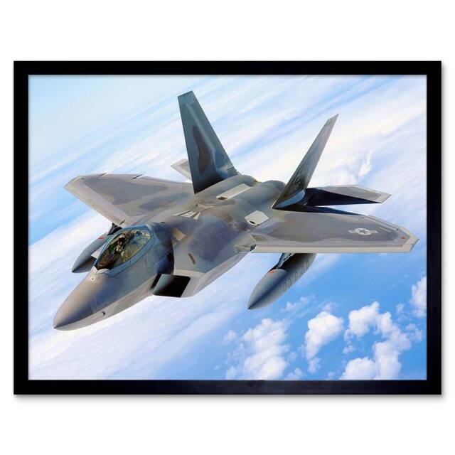 "Artery8 Military Air Plane Bomber Fighter Jet Fly F-22 Raptor Framed Art Print in Blue - Size: W12"" x H16""" - image 1