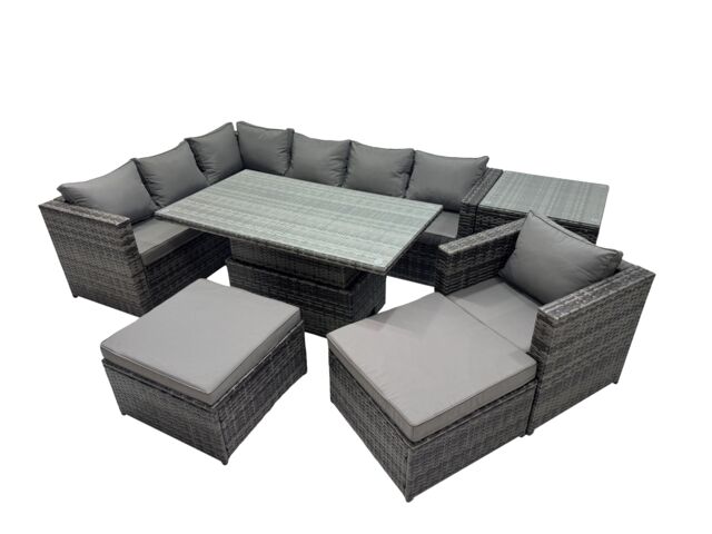 Fimous 9-seater Rattan Garden Furniture Dining Set with Side Table Big Stool in Dark Grey - image 1
