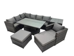 Fimous 9-seater Rattan Garden Furniture Dining Set with Side Table Big Stool in Dark Grey