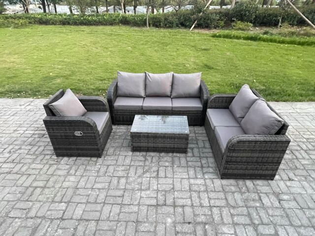 Fimous Patio Garden Furniture Sets Wicker 6 Seater Outdoor Rattan Furniture Sofa Sets with Rectangular Coffee Table Reclining Chair in Dark Grey - image 1