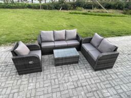 Fimous Patio Garden Furniture Sets Wicker 6 Seater Outdoor Rattan Furniture Sofa Sets with Rectangular Coffee Table Reclining Chair in Dark Grey - thumbnail 2