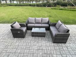 Fimous Patio Garden Furniture Sets Wicker 6 Seater Outdoor Rattan Furniture Sofa Sets with Rectangular Coffee Table Reclining Chair in Dark Grey - thumbnail 1