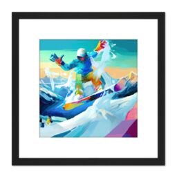 Artery8 Snowboarder Mid Air Action Shot Modern Colourful Abstract Acrylic Paint Square Wooden Framed Wall Art Print Picture 8X8 Inch in Black - thumbnail 1