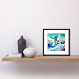 Artery8 Snowboarder Mid Air Action Shot Modern Colourful Abstract Acrylic Paint Square Wooden Framed Wall Art Print Picture 8X8 Inch in Black - thumbnail 2
