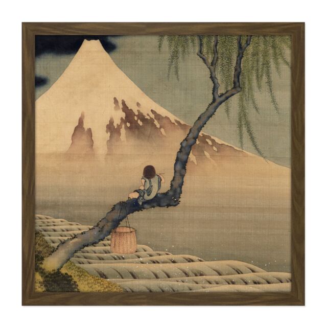 "Artery8 Wall Art Print Hokusai Boy Viewing Mount Fuji Square Framed Picture 16X16 Inch in Brown - Size: W16"" x H16""" - image 1