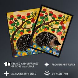 Artery8 Charming Hedgehog Under Tree Flowers Folk Art Framed Art Print in Yellow - Size: A4 - thumbnail 2