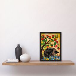 Artery8 Charming Hedgehog Under Tree Flowers Folk Art Framed Art Print in Yellow - Size: A4 - thumbnail 4