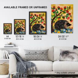 Artery8 Charming Hedgehog Under Tree Flowers Folk Art Framed Art Print in Yellow - Size: A4 - thumbnail 3