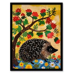 Artery8 Charming Hedgehog Under Tree Flowers Folk Art Framed Art Print in Yellow - Size: A4 - thumbnail 1