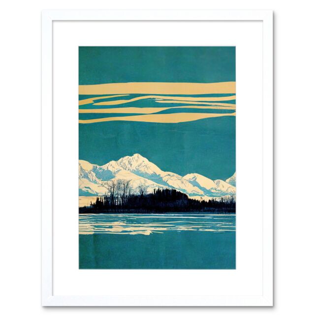 "Artery8 Wall Art Print Winter Lakeside Landscape With Snowy Mountains Duotone Teal Artwork Framed 9X7 Inch in White - Size: W7"" x H9""" - image 1