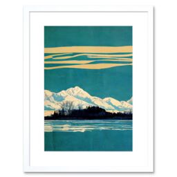 "Artery8 Wall Art Print Winter Lakeside Landscape With Snowy Mountains Duotone Teal Artwork Framed 9X7 Inch in White - Size: W7"" x H9""" - thumbnail 1