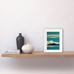 "Artery8 Wall Art Print Winter Lakeside Landscape With Snowy Mountains Duotone Teal Artwork Framed 9X7 Inch in White - Size: W7"" x H9""" - thumbnail 2